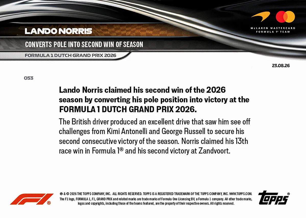 Lando Norris - 2026 Formula 1® Topps NOW® - Card 53
